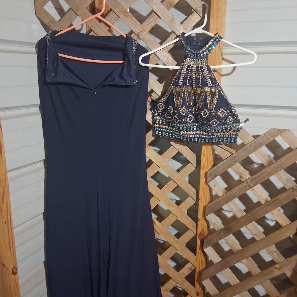 Sz 1/2  Navy Beaded Halter Crop Top & Navy Dress Set